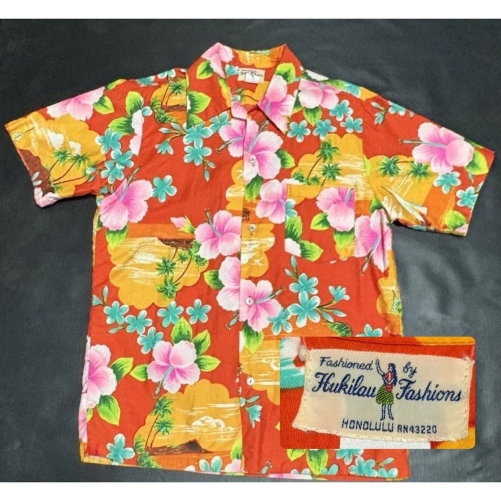 Vintage 60s 70s Mens Med Hawaiian Shirt Hukilau Fashions Floral Aloha Tiki